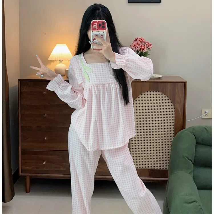 公主风睡衣女春秋季甜美粉色花朵装饰长袖套装新款云朵棉家居服