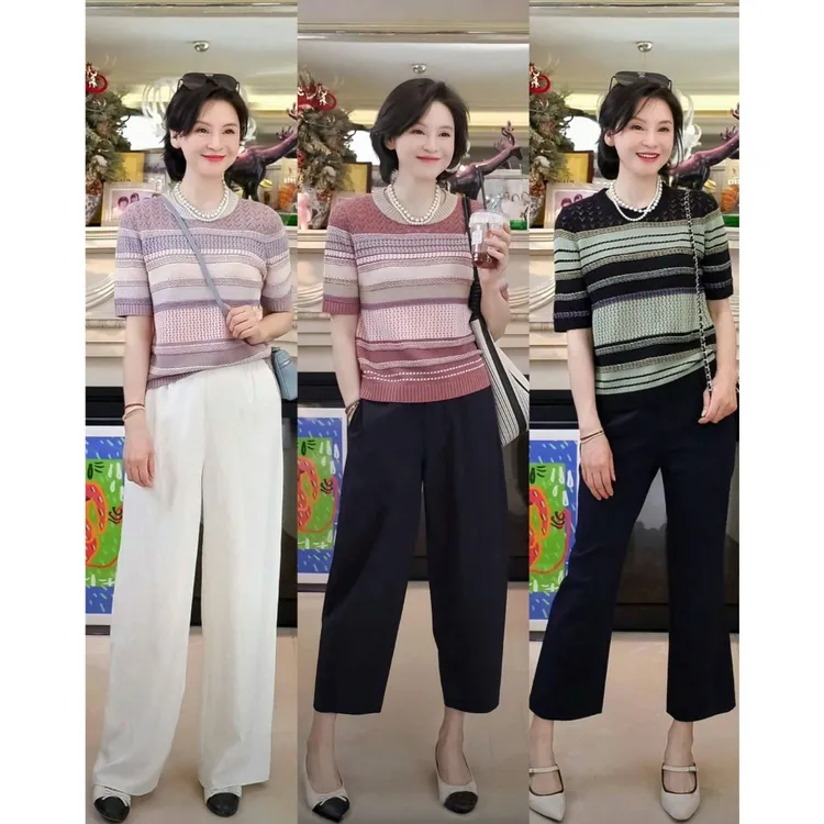 我是摩羯 草莓慕斯 撞色镂空条纹秋圆领短袖针织衫上衣