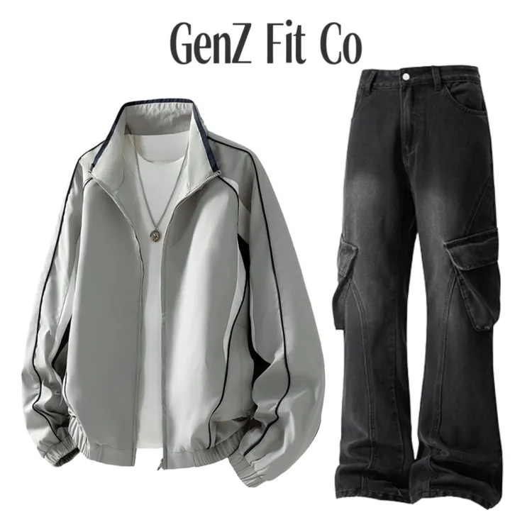 GenZFitCo美式帅气拼接撞色少年感设计款夹克工装水洗休闲套装