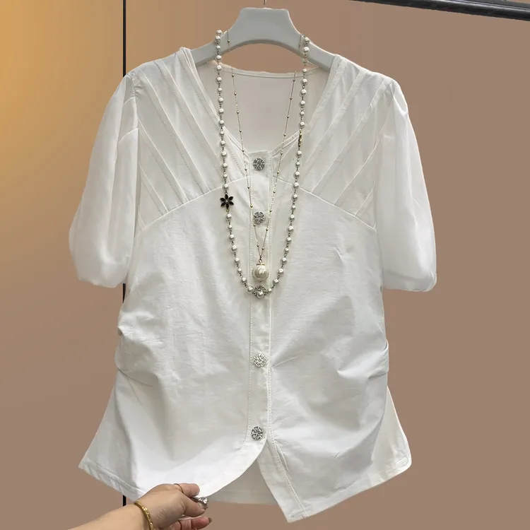 大码女装胖妹妹夏季短袖小众泡泡袖纯色T恤百搭气质圆领复古短袖