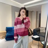 【欧加粒粒】新款V领撞色条纹宽松休闲气质针织衫 M25091802