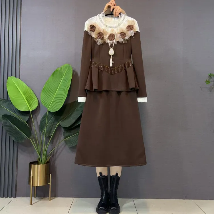 欧货小香风重工流苏新款秋冬行立体花朵洋气高级感半身裙两件套