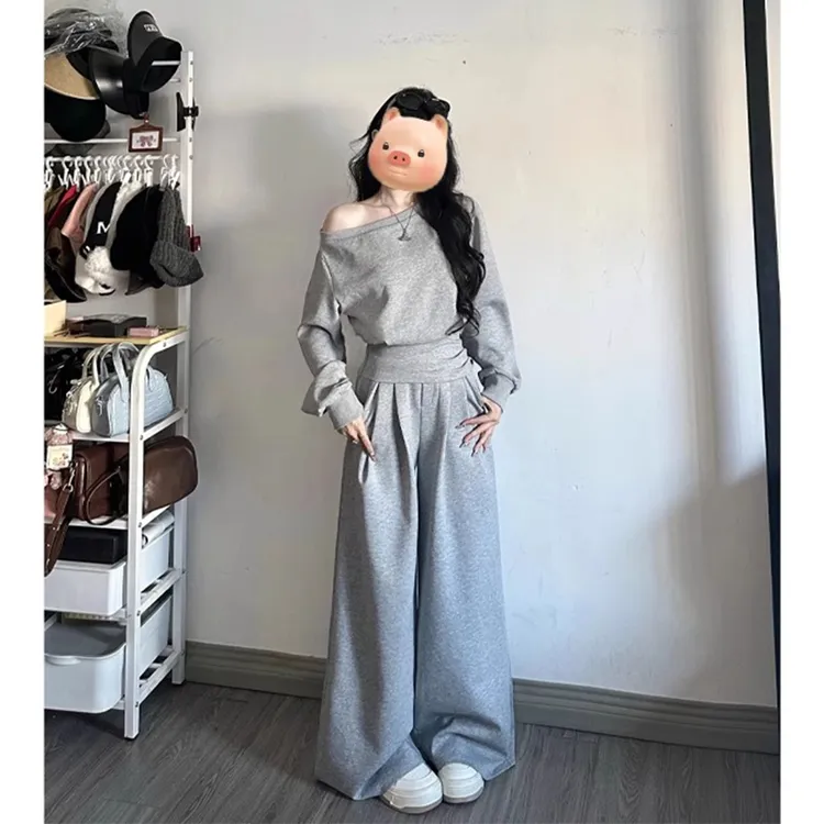 开春韩系穿搭一整套2025早春季女休闲斜肩卫衣运动阔腿裤两件套装