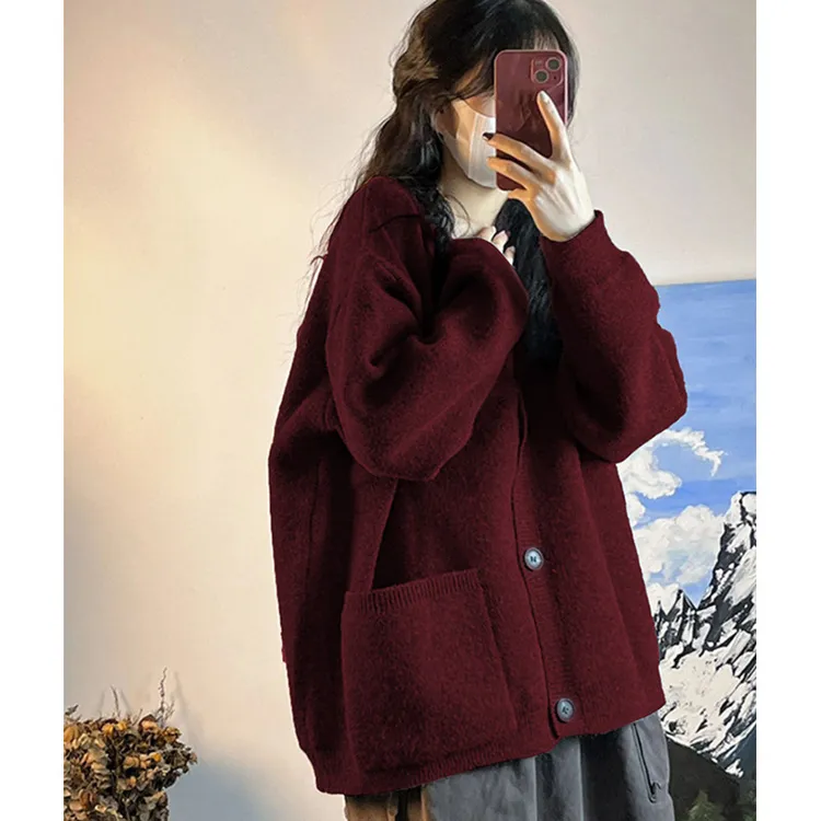 圣诞红色毛衣外套女秋冬新款宽松软糯慵懒风针织开衫外穿上衣加厚