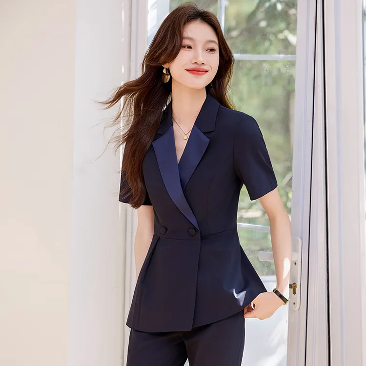 蓝色短袖西装洋气女士夏季薄款2025新款珠宝职业气质西服休闲外套