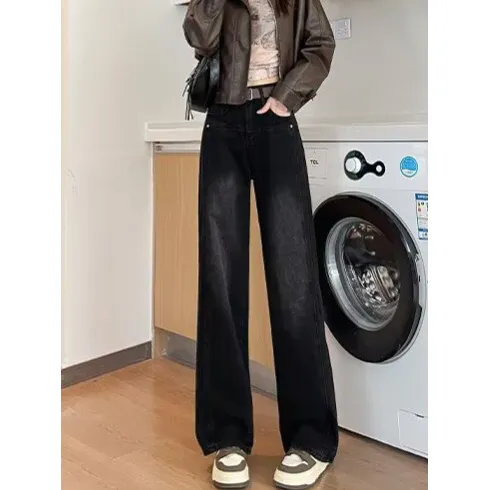 复古水泥灰欧美直筒牛仔裤女春夏新款高腰显瘦宽松遮肉垂感阔腿裤