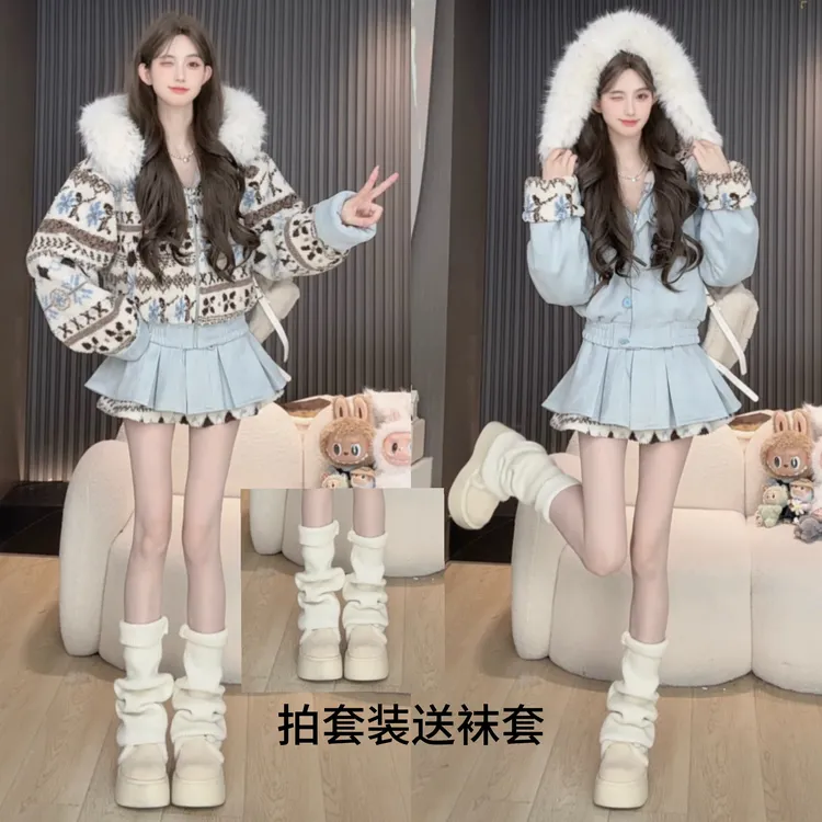 MM胡萝卜【两面穿羔羔绒费尔岛拼麂皮绒裙套装】冬季新款显瘦减龄