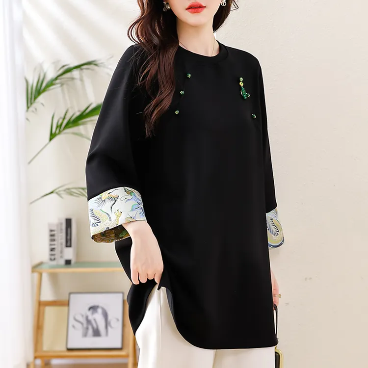 新中式提花拼接宽松t恤女秋季时尚大码女装新款中长款七分袖上衣