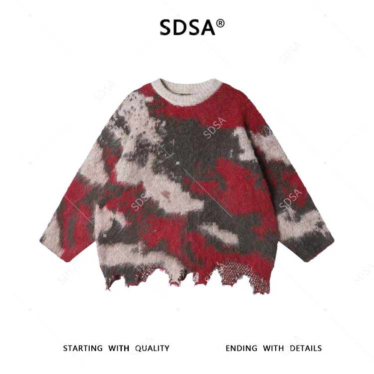 SDSA男士秋冬新款痞帅男装设计感不规则撞色圆领毛衣慵懒风百搭