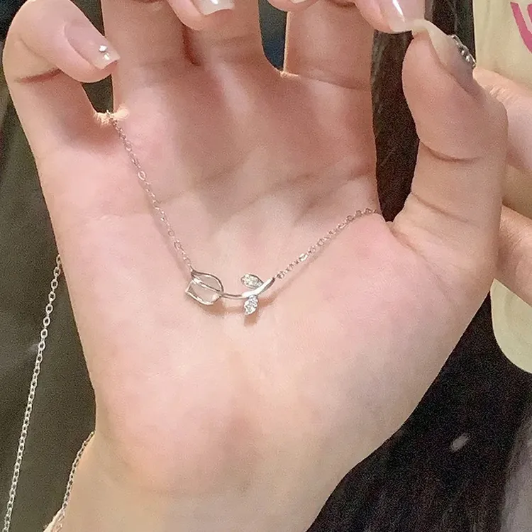 坠链均925银 镶钻郁金香项链女925纯银简约文艺森系甜美小清新