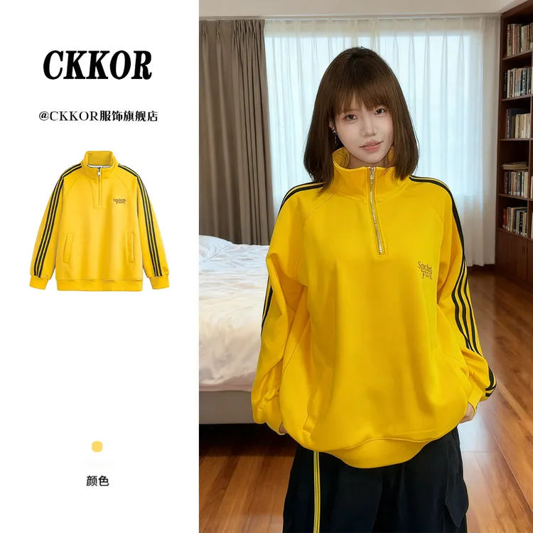 CKKOR春秋季三杠半拉链立领卫衣女美式复古风休闲运动风上衣外套