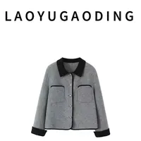 【LAOYUGAODING】高品质-088秋冬小个子拼色领短款羊毛大衣外套