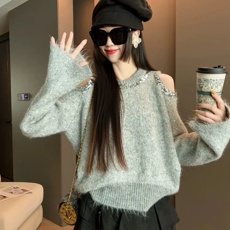 慵懒风露肩亮片刺绣毛衣妹妹高级感温柔气质显瘦上衣