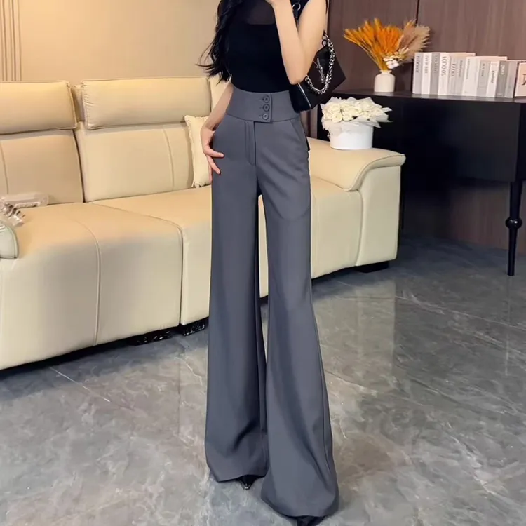 高级感灰色微喇西装裤女2025秋季新款高腰显瘦垂感拖地喇叭裤