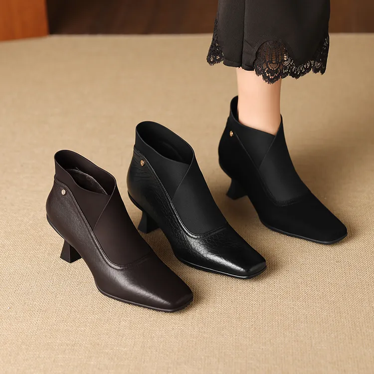 5公分方头显瘦粗高跟弹力靴女百搭冬季气质真皮瘦瘦袜靴短靴1816
