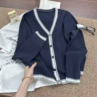 港风V领开衫~早秋撞色拼接设计感复古针织衫Y8065藏青