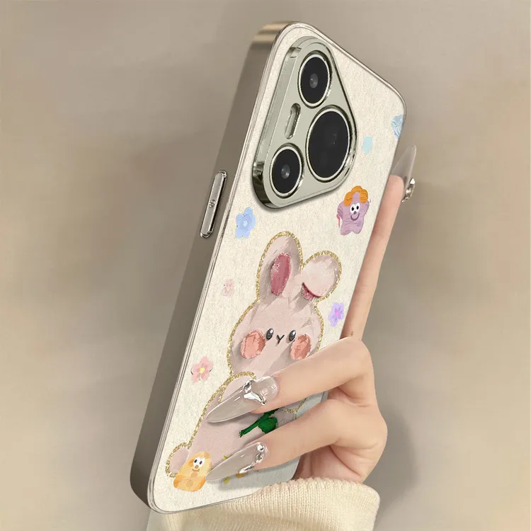 油画兔子适用华为Pura80pro手机壳电镀皮纹Pura80ultra保护壳70