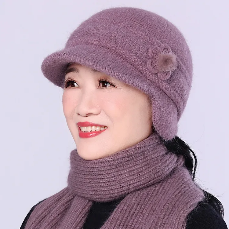 中老年帽子女冬天毛线棉帽奶奶妈妈护耳保暖老人老太太兔毛针织帽