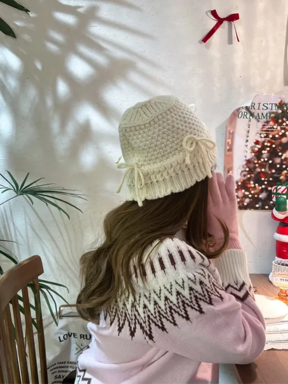 A Tov 韩国代购同款帽子23新款饰品蝴蝶结小众针织渔夫帽毛线盆帽