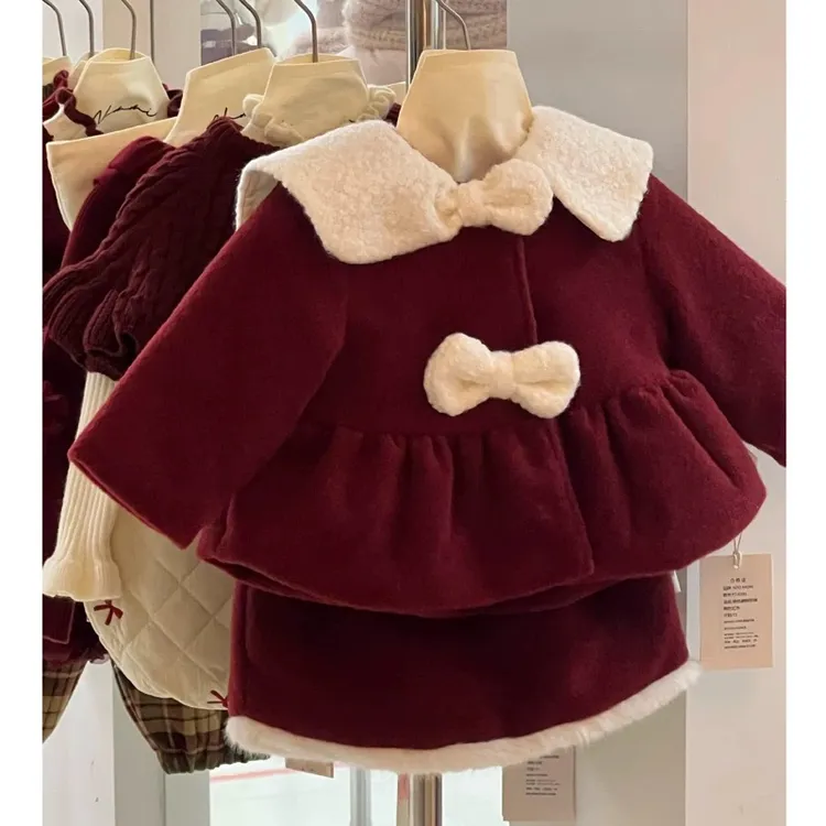 韩系2025新款冬季女童套装红色拜年服羊羔毛外套半身裙洋气两件套