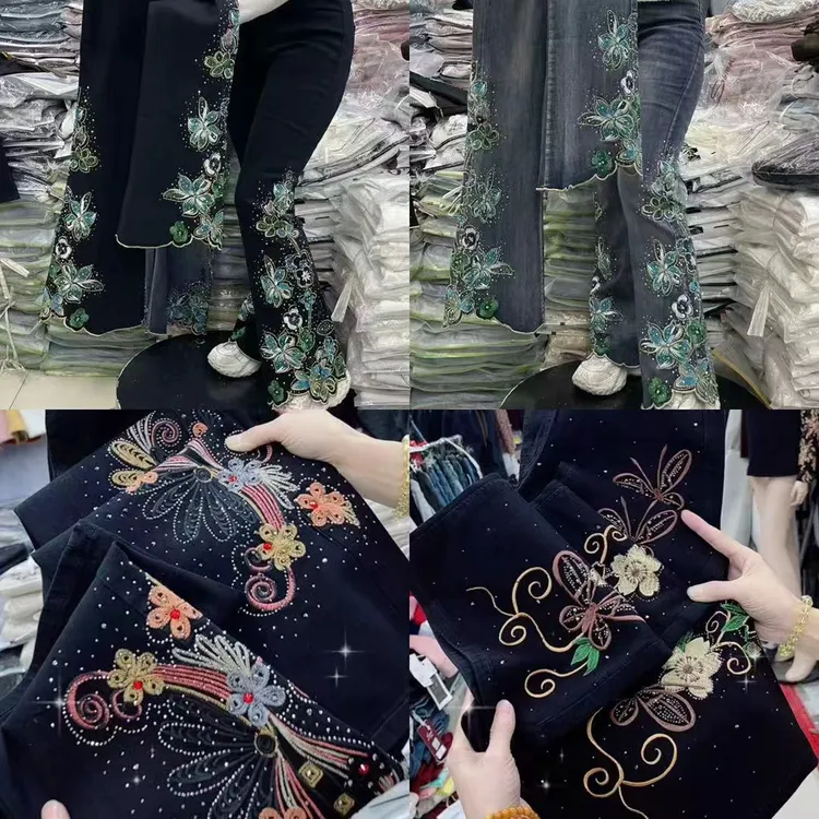 9056新款轻奢私人定制重工刺绣烫钻微喇裤