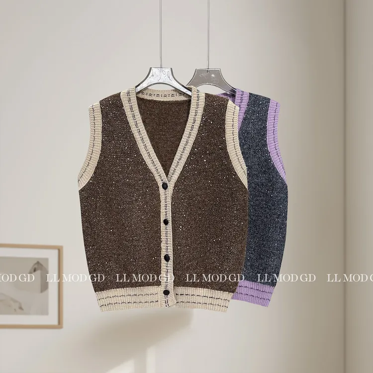 一件兼得 法式撞色V领亮片马甲叠穿坎肩绵羊毛上衣YLXR-6201018