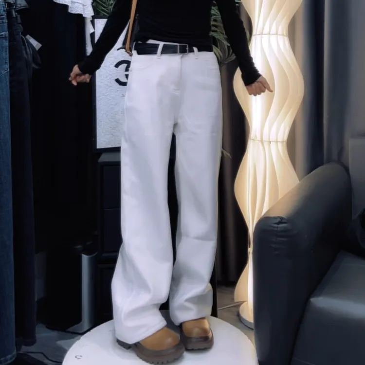 加绒牛仔直筒裤9600时尚潮流白色女秋季美式辣妹休闲宽松百搭阔腿