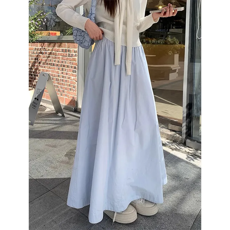耶古蓝色日系百褶垂感高腰半身裙女春夏大裙摆显瘦中长款a字裙子