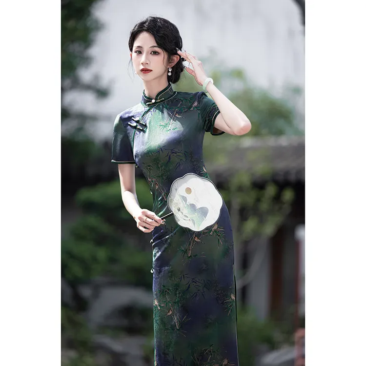 夏季新款印花双层长款旗袍年轻款中年妈妈国风老上海改良旗袍