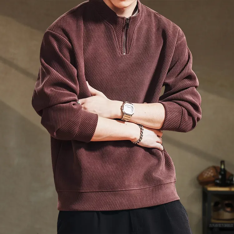美式高端复古半拉链立领卫衣男秋冬加绒肌理感宽松休闲重磅外套潮