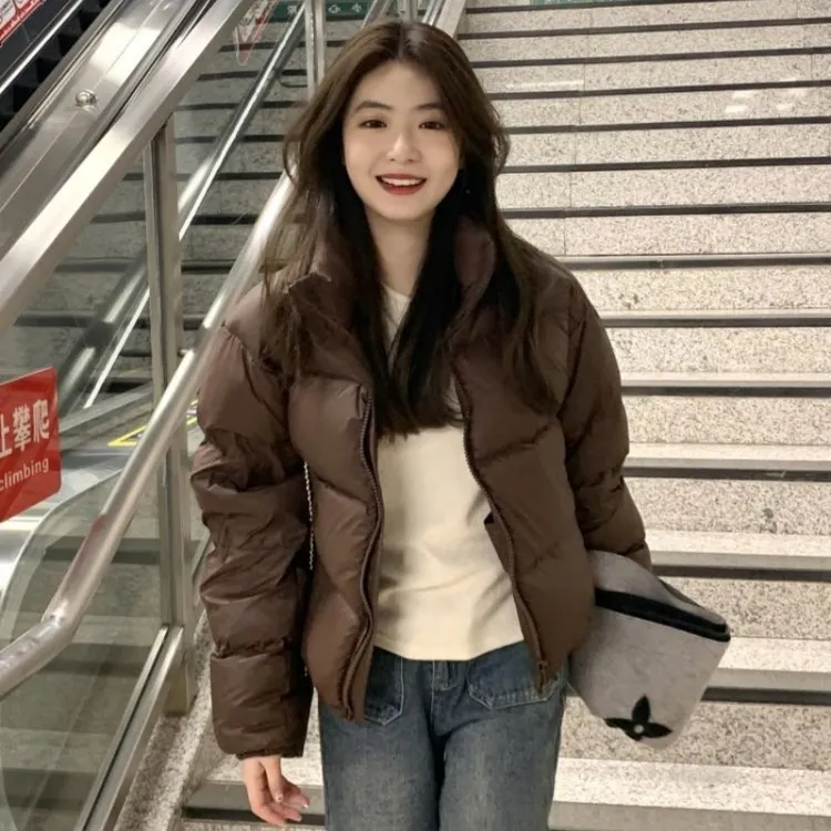 琥珀流光秋上新2025小个子宽松短款保暖厚款立领女款咖色宽松上衣