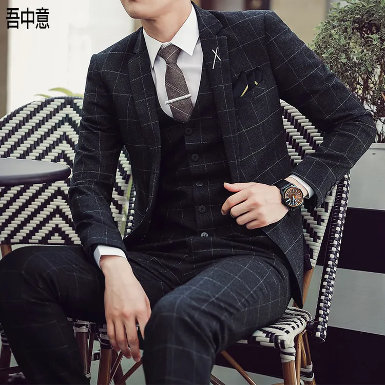 高级感格子西装男套装三件套韩版修身商务休闲时尚百搭宴会西服男