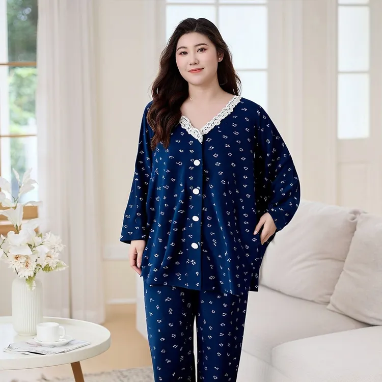 春秋季长袖长裤莫代尔睡衣开衫V领蕾丝大码胖mm200斤家居服套装5X