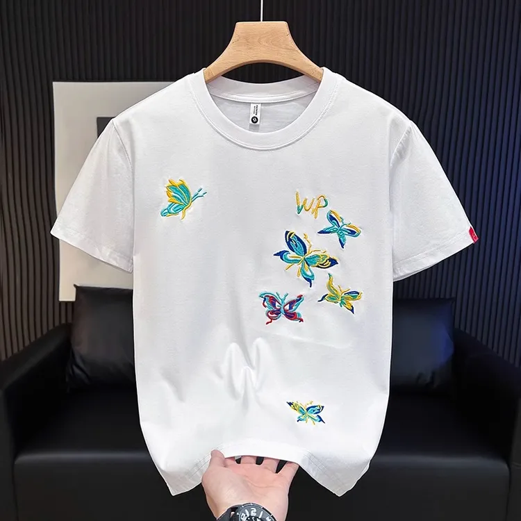 DESITASH轻奢国潮蝴蝶刺绣短袖T恤夏季新款时尚潮流半袖体恤休闲