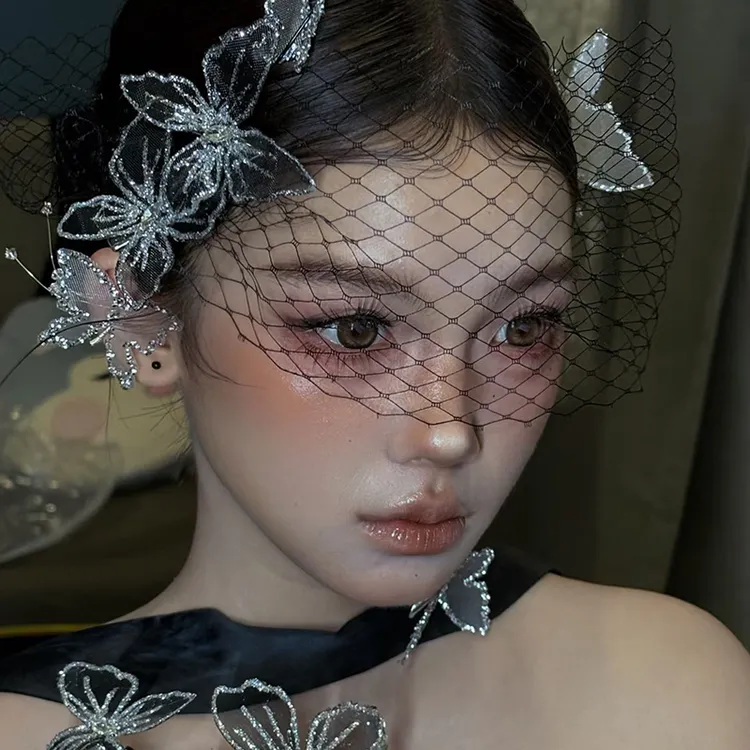 金钻新娘蝴蝶黑色网纱新娘面纱新款结婚头饰小众跟妆造型头纱发饰