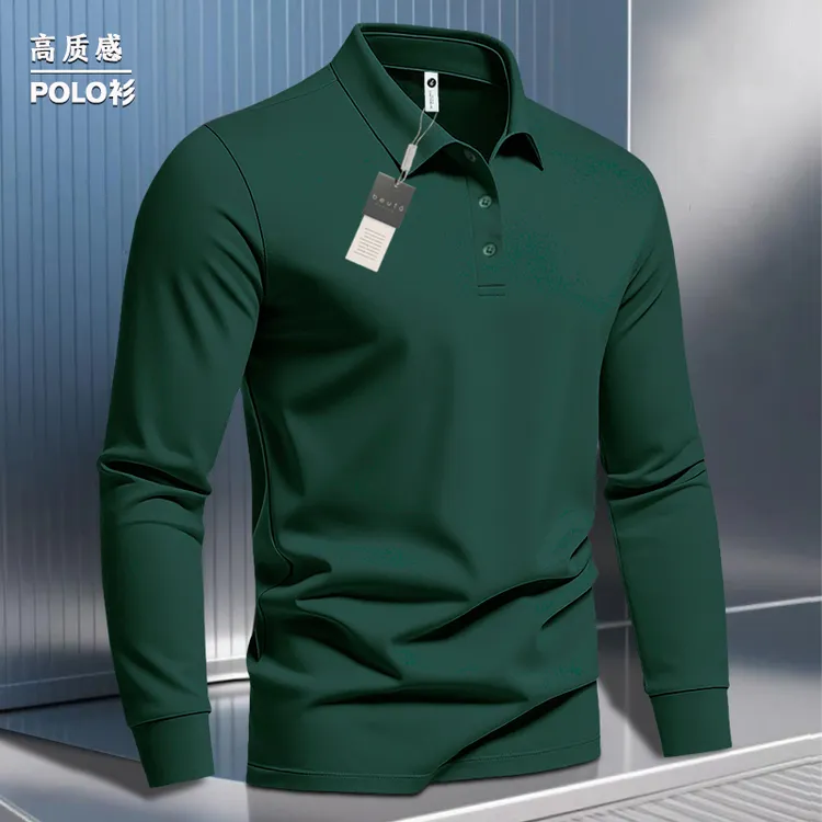 禅意男装早秋翻领免烫高档商务墨绿长袖polo衫男款长袖休闲t恤