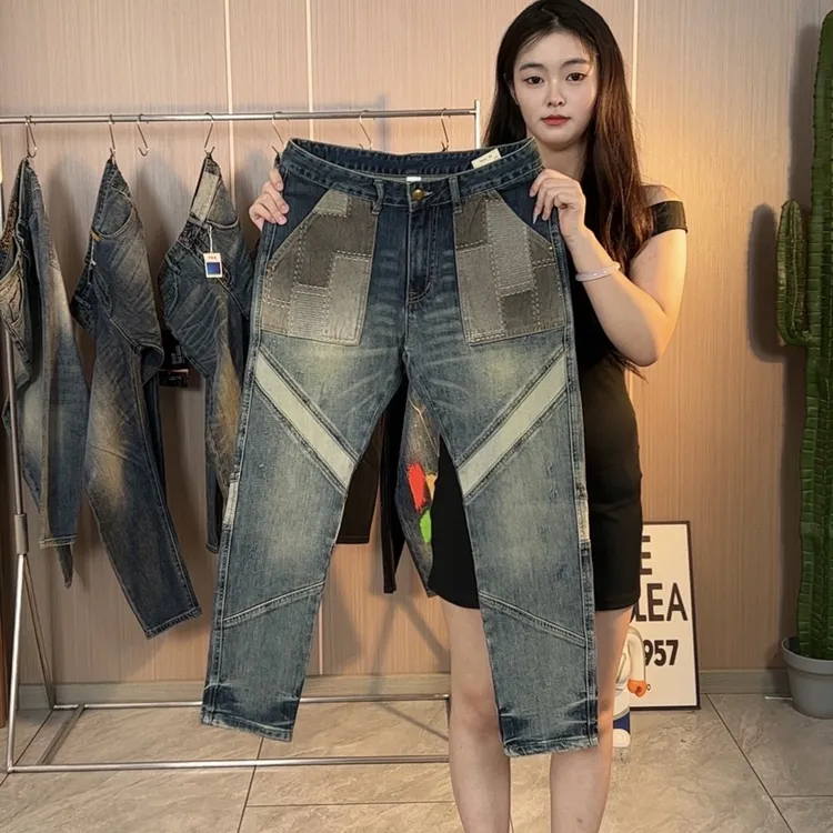 2025高端男士软牛仔裤复古风怀旧蓝色重工洗水拼接修身小直筒