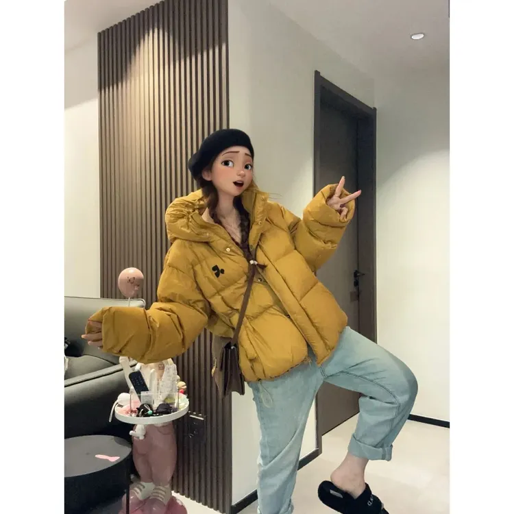 黑色港风设计感加厚保暖宽松大码冬季防寒棉服外套女面包服小个子