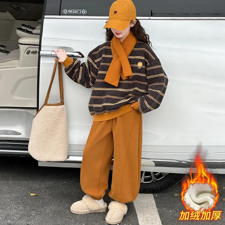 女大童休闲运动套装2025秋冬新款洋气儿童女孩加绒加厚卫衣两件套
