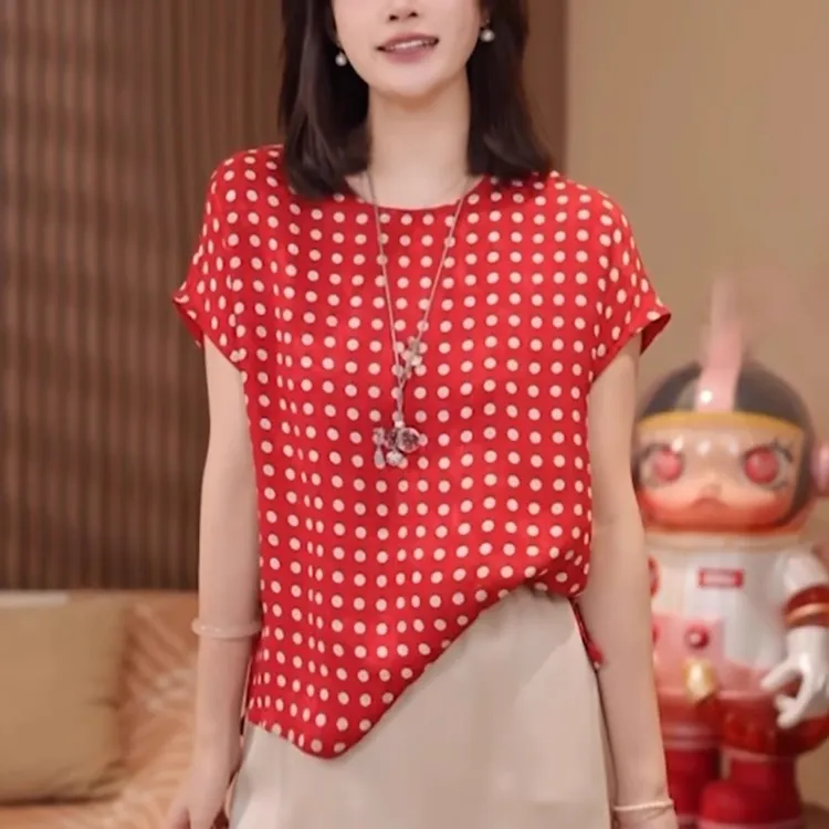 波点红色衬衫女夏季2025新款时尚显瘦减龄遮肚设计感休闲短袖上衣