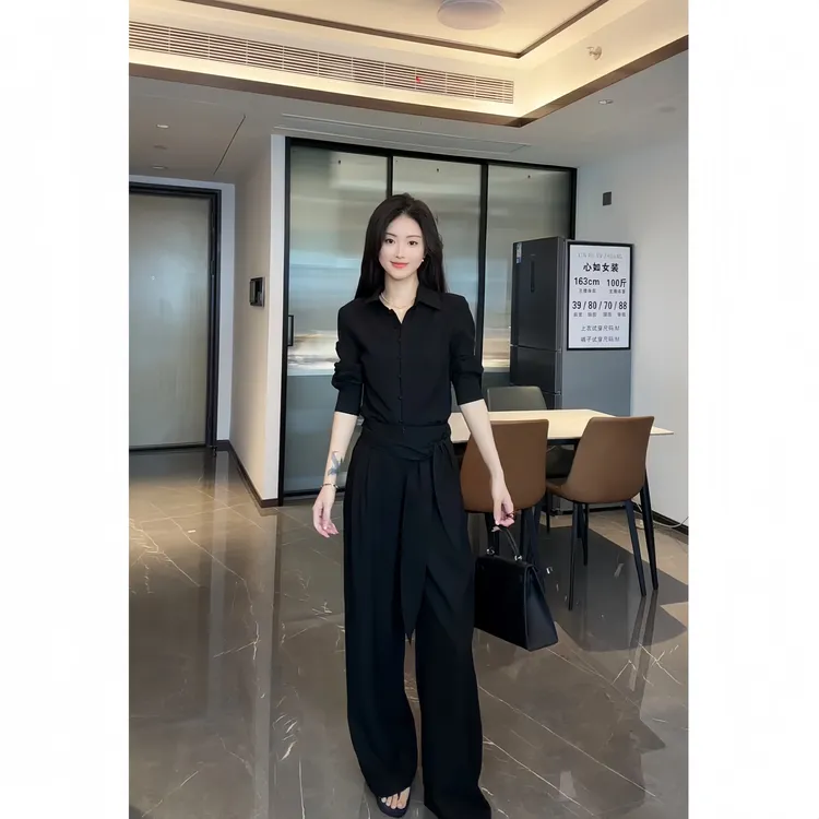 时尚套装女2025新款气质长袖衬衫+高腰宽松阔腿裤休闲两件套