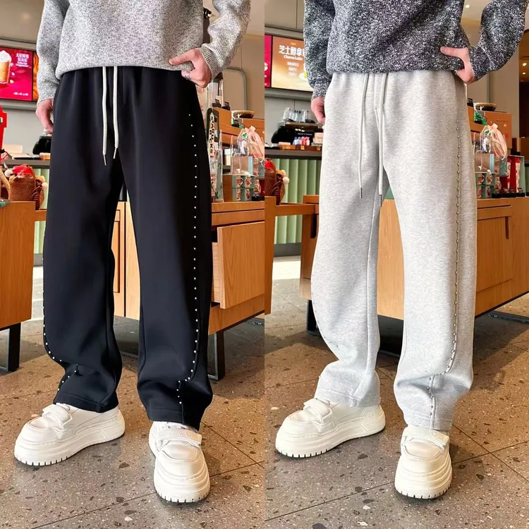 美式奢潮铆钉高级感冬季加绒保暖男士时尚休闲松紧腰弯刀休闲裤