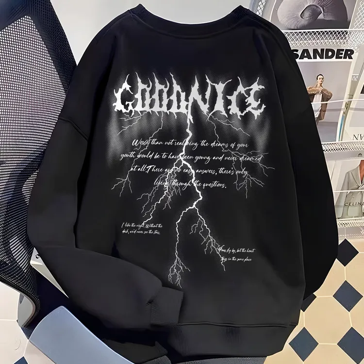 重磅美式复古闪电字母圆领卫衣男生潮牌高街印花oversize男生卫衣