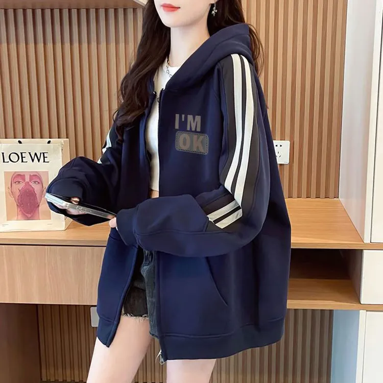 纯棉连帽撞色拉链外套女春秋季2025新款宽松慵懒风中长款开衫卫衣