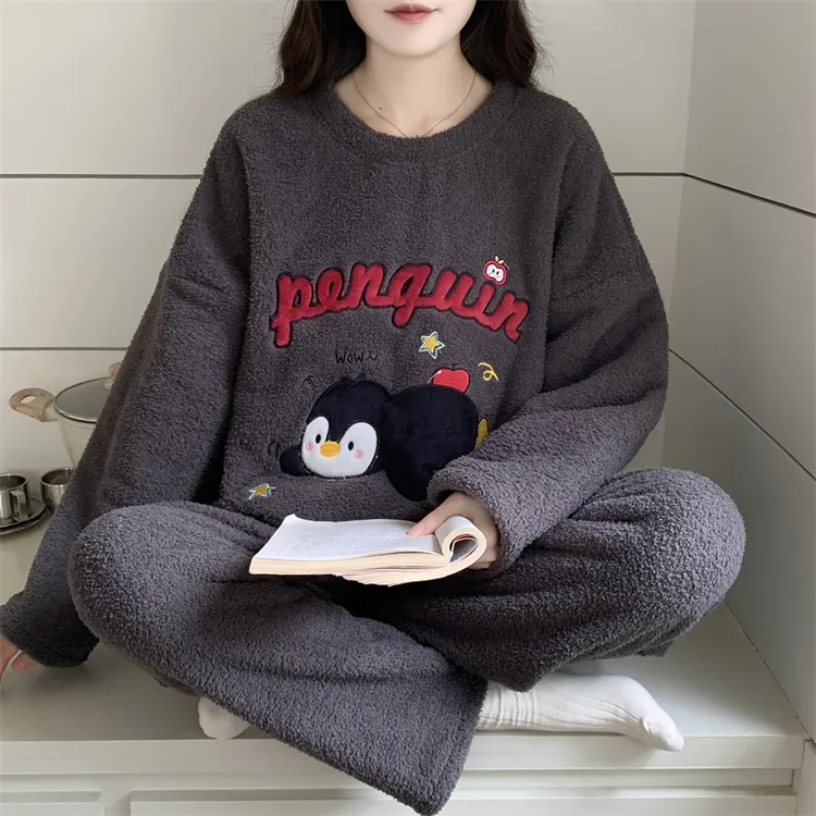 睡衣女款爆款2025新款秋冬季可外穿家居服套装慵懒加厚加绒半边绒