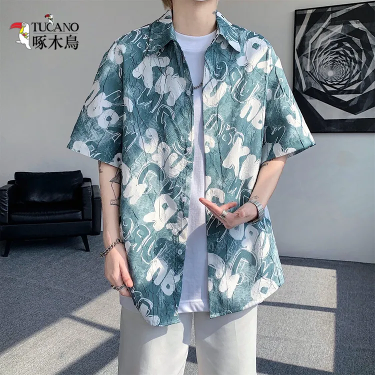 啄木鸟2025夏季薄款设计师男装高级感潮流百搭翻领花衬衫短袖男