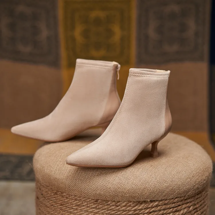 英伦风尖头细跟短靴女气质高跟靴子秋冬小踝靴瘦瘦靴百搭及裸靴女