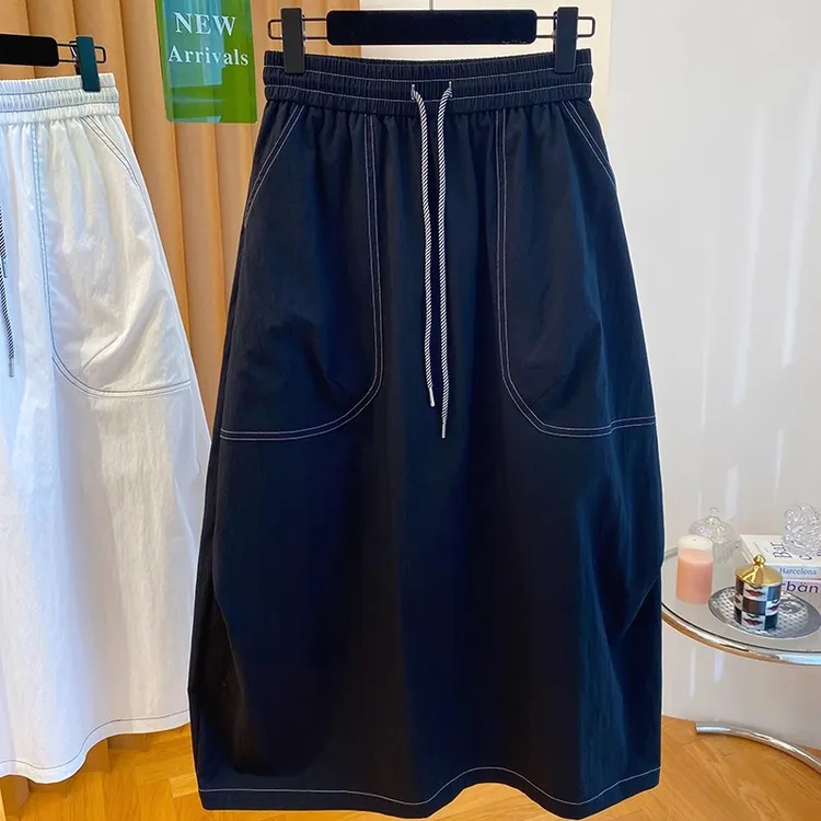 黑色明线工装半身裙女夏季2025新款宽松高腰气质过膝中长款裙子