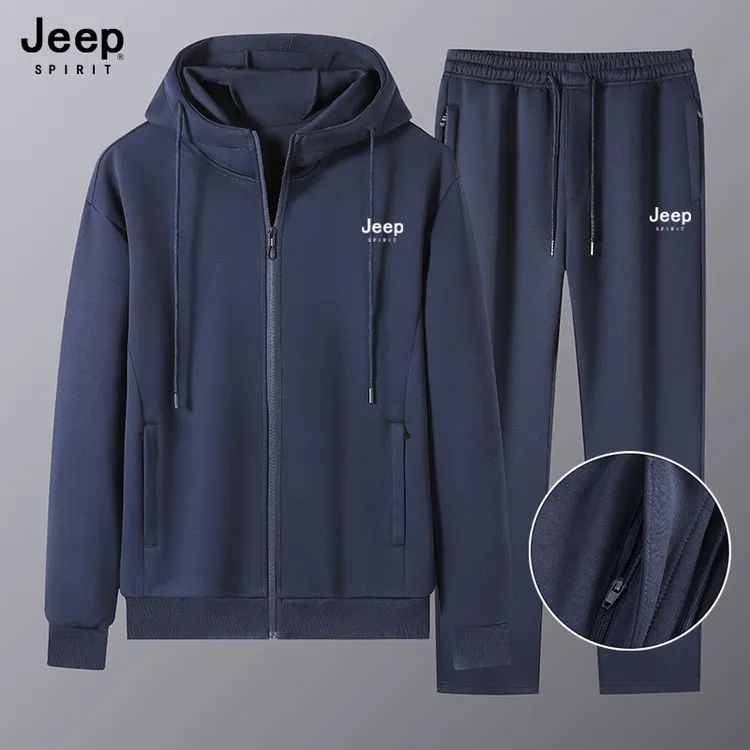 JEEP吉普门禁款连帽运动套装男士棉春秋季休闲直筒宽松开衫套装