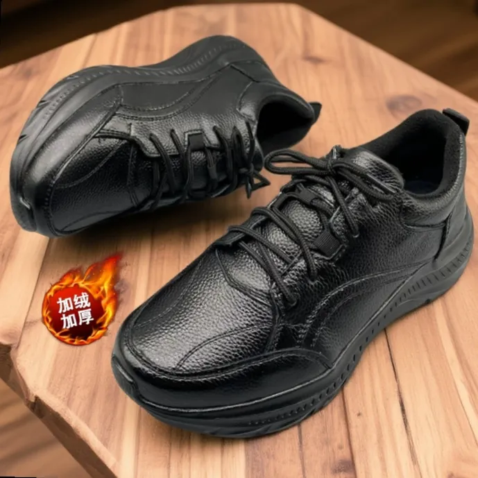 男士运动休闲皮鞋加绒棉鞋冬款头层牛皮软底软面厚底轻便健步鞋